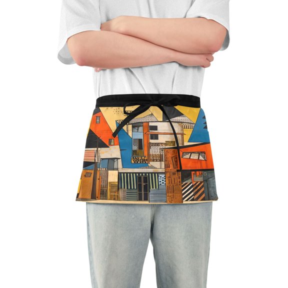 Abstract Modern House Server Apron with 3 Pockets Waterproof Waitress Waist Short Apron for Man Woman 12 Inches