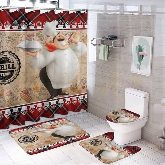 Abstract Modern Kitchen Chef 4 Pcs Waterproof Shower Curtain Set,Funny Cartoon Cooking Theme Kitchenware Print with Waterproof Toilet Cover Shower Mat Rugs