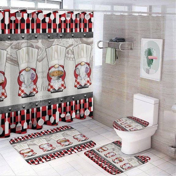 Abstract Modern Kitchen Chef 4 Pcs Waterproof Shower Curtain Set,Funny Cartoon Cooking Theme Kitchenware Print with Waterproof Toilet Cover Shower Mat Rugs