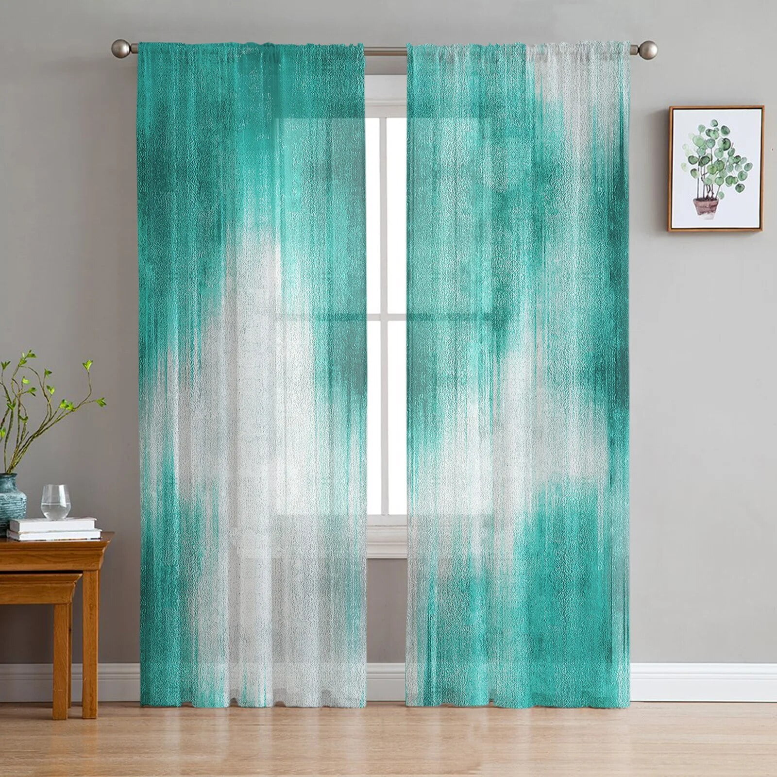 Abstract Modern Line Water Green Sheer Curtains For Living Room Bedroom