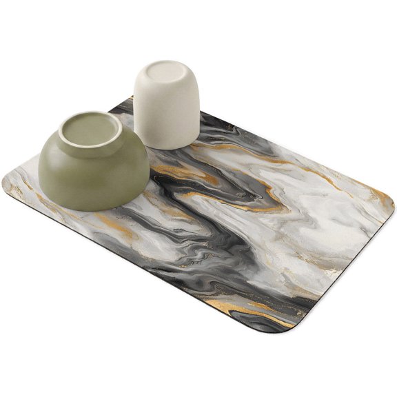 Abstract Modern Marble Agate Dish Drying Mat,Absorbent Diatomaceous Earth Mats White Gray Gold Stone Texture Coffee Mat Dishes Drainer Pad for Kitchen Counter Rack Sink Utensils,12x16in
