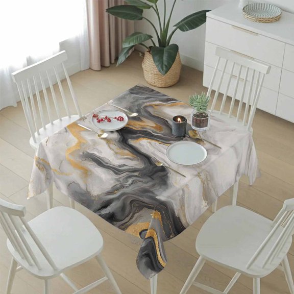 Abstract Modern Marble Agate Table Cloth 54x54in, Waterproof Square Tablecloth Wipeable Tablecloths White Gray Gold Stone Texture Table Covers for Dining Tables Party Indoor Outdoor