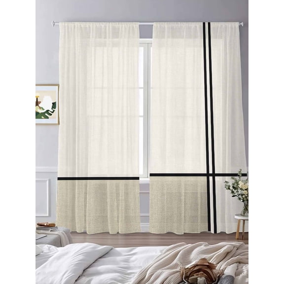Abstract Modern Minimalist Art Sheer Curtains 2 Panels Set Lines Color Burlap Splicing Lihgt Filtering Rod Pocket Voile Drape,Semi Sheer Window Curtains for Bedroom Living Room,52"x84"