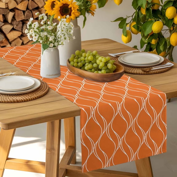 Abstract Modern Orange Wave Line Table Runner-36 Inch Long Geometric Pattern Art Table Runners Linen Burlap Tablerunner for Kitchen Dining Room Holiday Party
