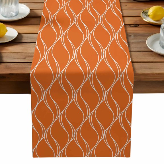 Abstract Modern Orange Wave Line Table Runner-70 Inch Long Geometric Pattern Art Table Runners Linen Burlap Tablerunner for Kitchen Dining Room Holiday Party