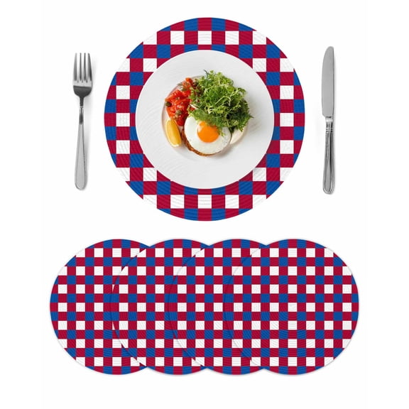 Abstract Modern Round Table Placemats set of 4, 4th of July Flag Checkered Washable Woven Place Mats for Dining Tables Kitchen Party Decor,Heat Proof, 15in, Red Navy Blue White