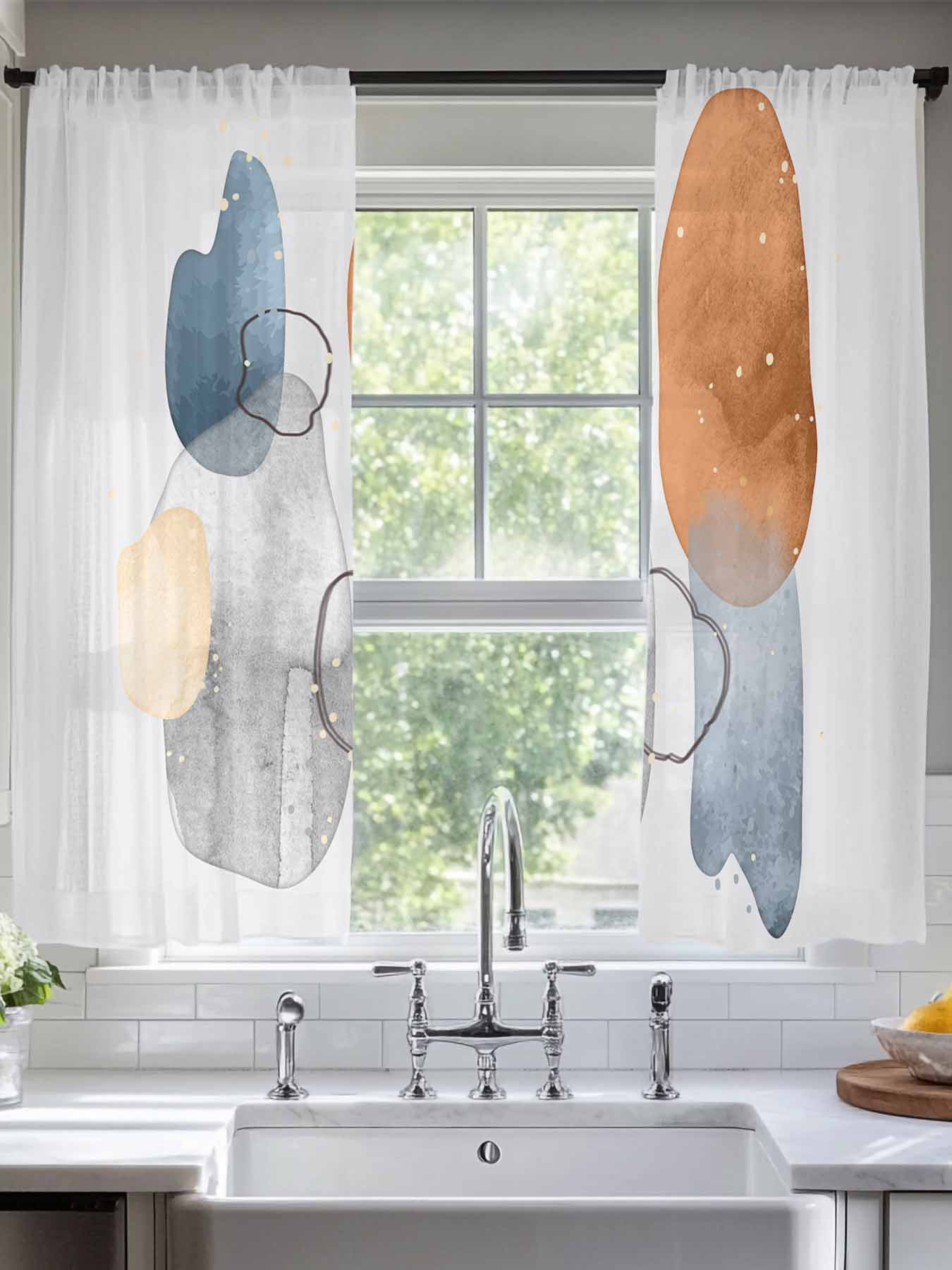 Abstract Modern Shapes Line Art Sheer Curtains 72 Inches Long 2 Panels ...