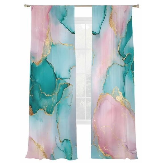 Abstract Modern Sheer Curtains for Living Room Bedroom, Light-filtering Sheer Curtain, Art Cracks Stone Teal Green Pink Marble Rod Pocket Voile Window Treatment Drapes, 52’’Wx84’’L, 2 Panels Set