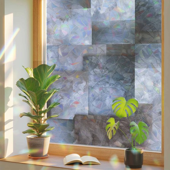 Abstract Modern Splicing Square Window Privacy Film, Rainbow Film Decorative Window Sticker 17.7x39.3in, Superposition Art Cloud Sun Blocking Static Stained Glass Cling Tint Non-Adhesive