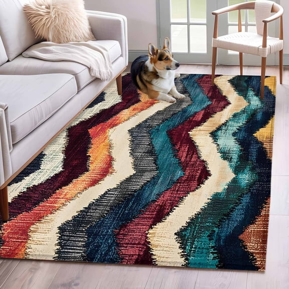 Abstract Modern Waves Area Rug 4x6 Washable Rug Non Slip Color Block Artwork Large Area Rug Indoor Floor Carpet for Entryway Bedroom Kitchen Living Room Home Office Dining Room Nursery