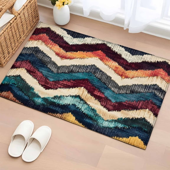 Abstract Modern Waves Bathroom Rug Washable 2x3 Entryway Rug Non Slip Color Block Artwork Front Door Mat Low Pile Indoor Doormat Throw Floor Carpet for Kitchen Bedroom Entrance