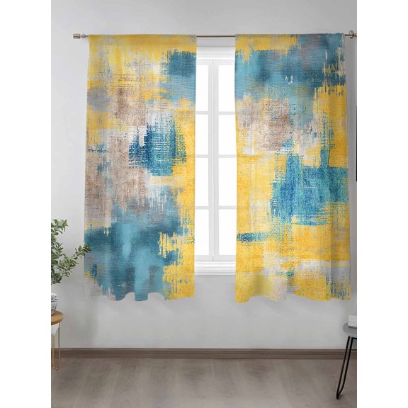 Abstract Modernism Art Chiffon Sheer Curtains 72 Inches Long, Yellow Teal Color Block 2 Rod Pocket Window Treatment Voile Drapes Curtains for Living Room Bedroom,2 Panels, 52x72In