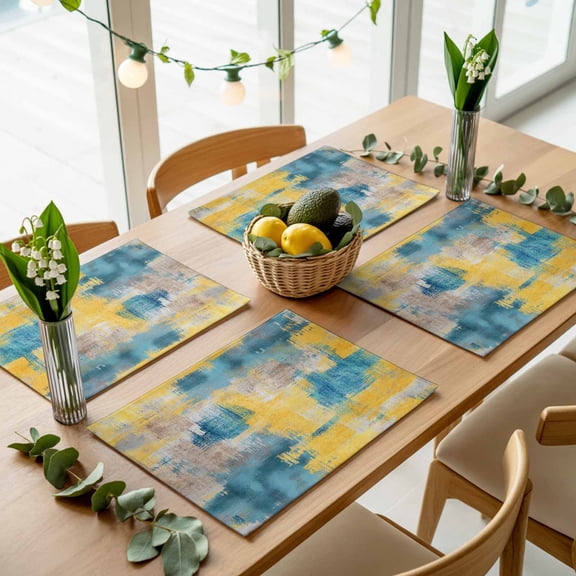 Abstract Modernism Art Placemats Set of 4,Wipeable Washable Table Mats for Dining Tables, Yellow Teal Color Block Place Mats for Kitchen Event Party Tabletop Decor