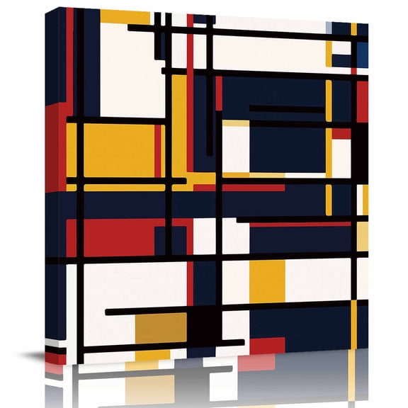 Abstract Mondrian Color Block Canvas Artwork Painting Art, Colorful Geometric Stripe Art Square Framed Wall Decorations Prints Picture for Bedroom Kitchen Living Room, 8x8 in
