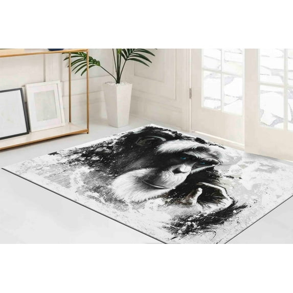 Abstract Monkey Rug, Large Rug, Personalized Rug, Blue Eyed Old Monkey Rug, Small Rug, Animal Rug, Step Rug, Custom Rug, Black and White Rug, 2.6'x6.5' - 80x200 cm