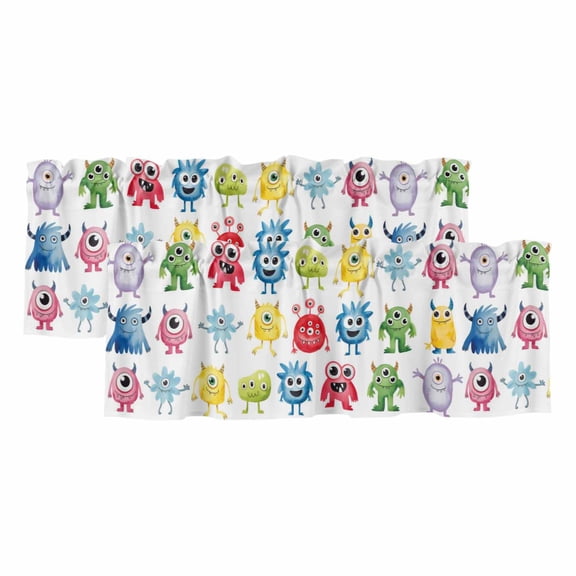 Abstract Monster 2 Panels Kitchen Valance, Colorful Cartoon Funny Curtains Valances for Small Windows Rod Pocket Window Treatments for Living Room Bedroom 42" W x 12" L
