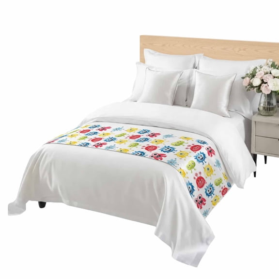 Abstract Monster Bed Runner Queen Size Colorful Cartoon Funny Soft Bed Scarf for Foot of Bed, Decorative Bedding Scarf Protection for Hotel Home Bedroom 83 x 20 Inch