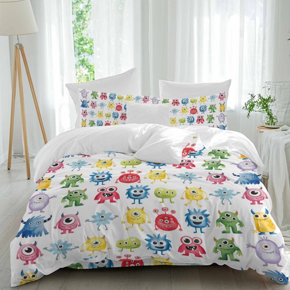 Abstract Monster Comforter Set Queen Size, Colorful Cartoon Funny Soft Bedding Set for Man Woman, 4 Pieces Duvet Cover Set with Fitted Sheet, 2 Pillowcases