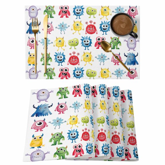 Abstract Monster Cotton Linen Placemats Set of 1, Colorful Cartoon Funny Washable Table Place Mats Heat Insulating Placemat for Dining Room Kitchen Daily Use 13 x 19 Inch