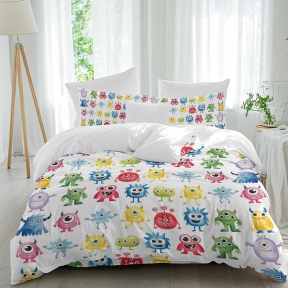 Abstract Monster Queen Duvet Cover Set, Colorful Cartoon Funny 4 Piece Microfiber Bedding Set with Zipper Closure, Bed Sheet and 2 Pillow Shams, Soft Bedding Cover