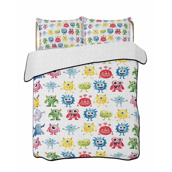 Abstract Monster Quilts Bedding Set Queen Size Colorful Cartoon Funny Lightweight Quilted Bedspread 3 Piece Bed Quilt with 2 Pillow Shams All Season for Bedroom 78" x 90"