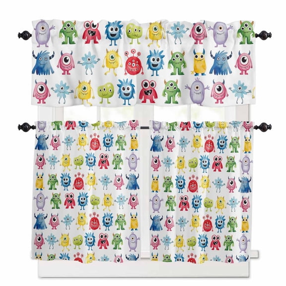 Abstract Monster Window Curtains Valance Set of 3 Colorful Cartoon Funny Rod Pocket Small Kitchen Curtain, Soft Window Treatment for Bedroom Party Holiday Decor