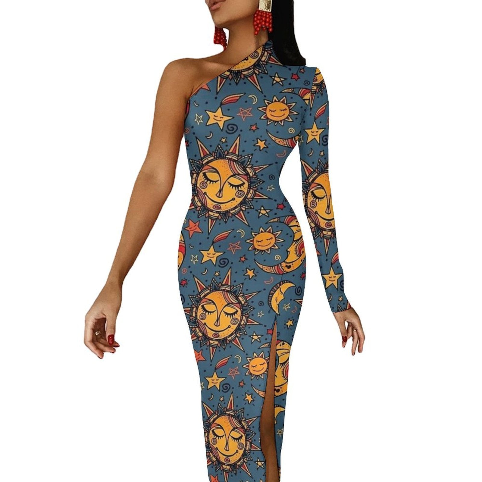 Abstract Moon And Sun Design Long Dress Woman Street Wear Maxi Dress ...