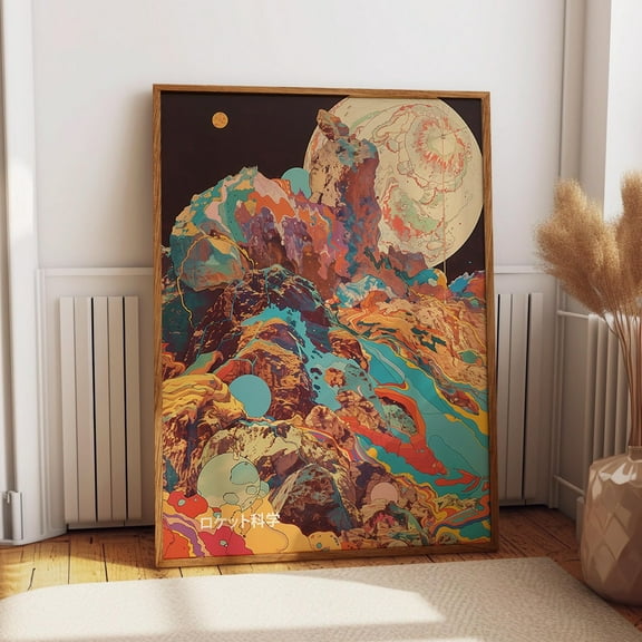 Abstract Moon Artwork - Psychedelic Space Wall Art - Japanese Inspired Art Unique Gift For Art Lovers Wall Art, Modern Wall Decor, 16x24 UNFRAMED
