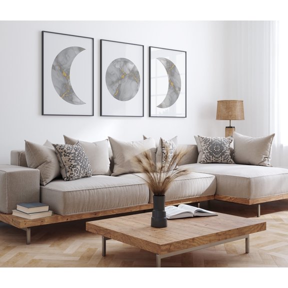 Abstract Moon Grey Marble Phase Wall Bedroom Boho Living Room Art Minimalist Poster, Set 3, Poster Only