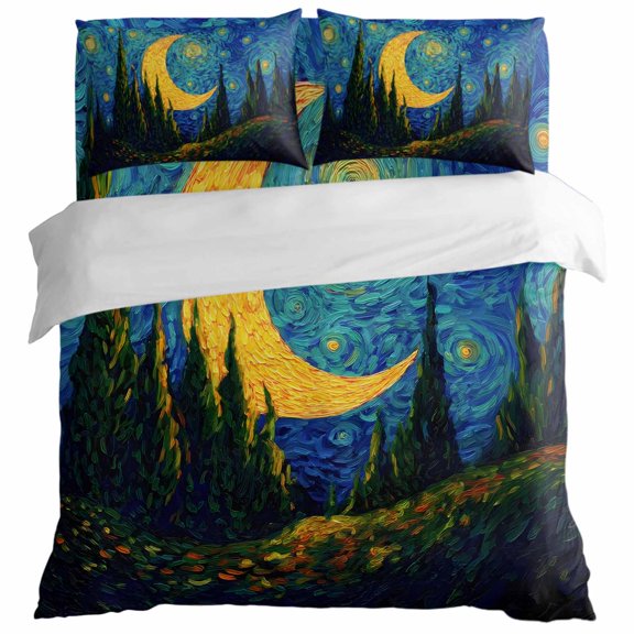 Abstract Moon Night Valley Forest King Size Bed Set,Mystical Impressionist Art Bedding for All Seasons,4 Pcs Bed Set with 1 Quiltcover (104"x90"),1 Sheet (108"x98"),2 Pillowcases (20"x36")