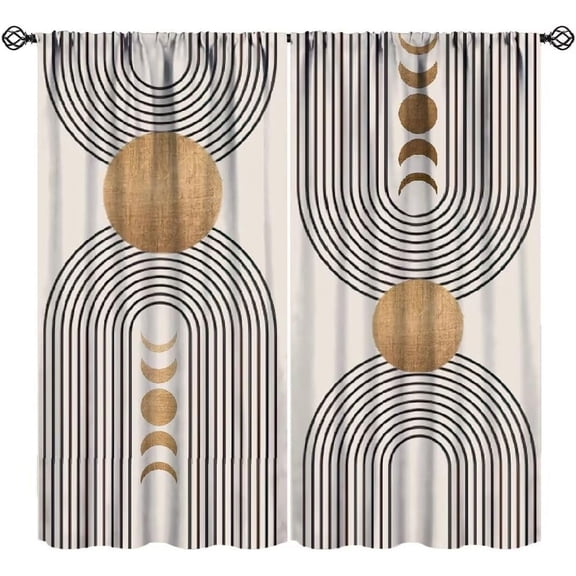 Abstract Moon Phase Curtains, Mid Century Boho Geometric Minimalist Beige Black Line Sun Arch Modern Print Window Drapes for Living Room Bedroom Decor 55x39in
