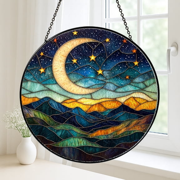 Abstract Moon Stars Landscape Window Suncatcher, Artistic Sun Catcher Hanging Decor for Modern Homes