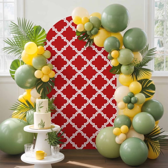 Abstract Morocco Tile Plaid Art Arch Backdrop Cover Spandex Fitted Arch Cover 4FT,Arches Backdrop Stand Covers for Wedding Birthday Party Ceremony Banquet Decoration Modern Farm Lattice on Red