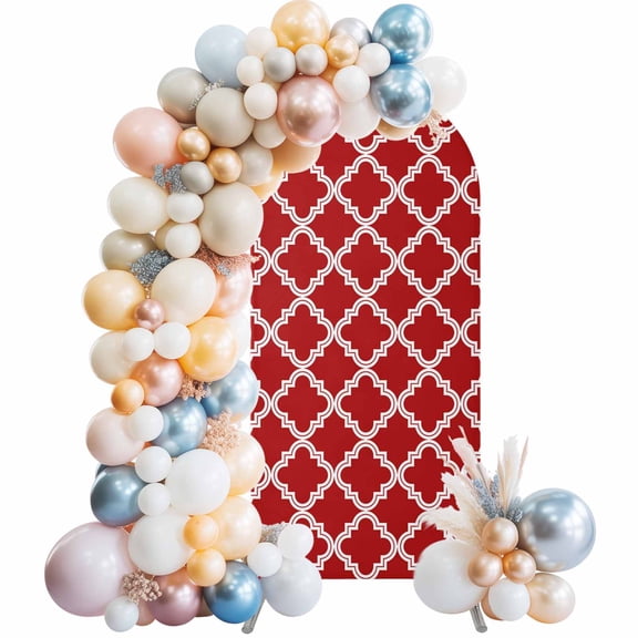 Abstract Morocco Tile Plaid Art Arch Backdrop Cover Spandex Fitted Arch Cover 5FT,Arches Backdrop Stand Covers for Wedding Birthday Party Ceremony Banquet Decoration Modern Farm Lattice on Red