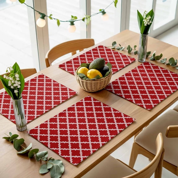 Abstract Morocco Tile Plaid Art Placemats Set of 4,Wipeable Washable Table Mats for Dining Tables, Modern Farm Lattice on Red Place Mats for Kitchen Event Party Tabletop Decor