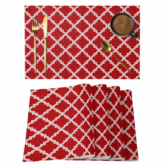 Abstract Morocco Tile Plaid Art Placemats Set of 6,Wipeable Washable Table Mats for Dining Tables, Modern Farm Lattice on Red Place Mats for Kitchen Event Party Tabletop Decor