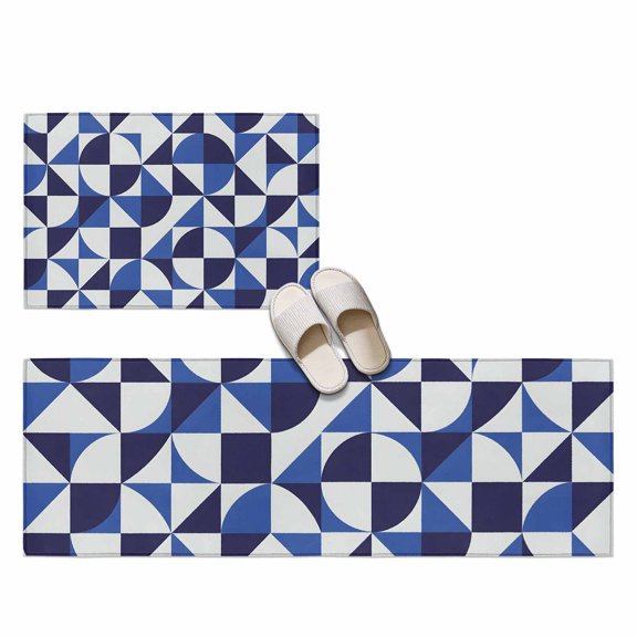 Abstract Mosaic 2 Pieces Non-Slip Kitchen Mat Set, Graphic Blue White Quarter Circles Triangle Grid Soft Door Mat with Rubber Backing, Dirtproof Rugs for Entrance Doorway, 19.7x31.5in+19.7x47.2in