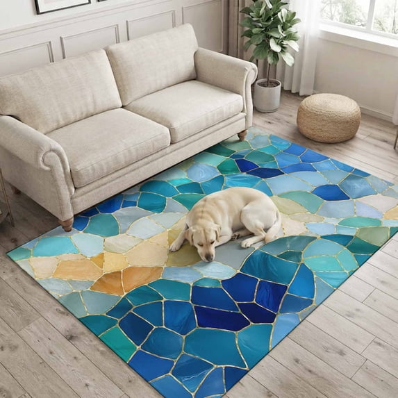 Washable Abstract Shape Rug Abstract Mosaic Area Rugs 4x6ft Vintage Boho Blue Yellow Stained Glass ...