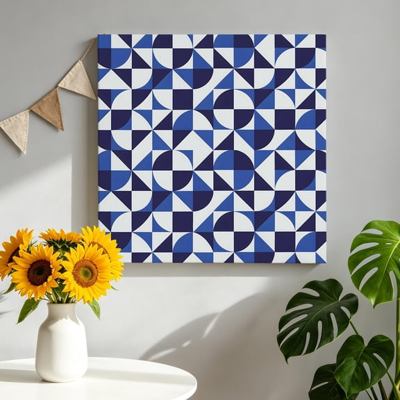 Abstract Mosaic Canvas Wall Art, Graphic Blue White Quarter Circles Triangle Grid Framed Canvas Wall Decor Picture Print Artwork Decorations for Living Room Office Ready to Hang 8" x 8"