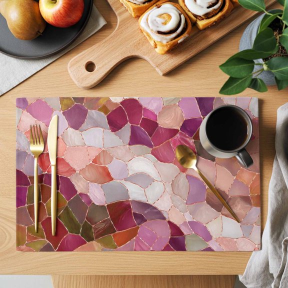 Abstract Mosaic Placemats Set of 12, Vintage Boho Pink Orange Stained Glass Texture Non-Slip Place Mats Washable Table Mats for Kitchen Dining Table Decorations Indoor/Outdoor
