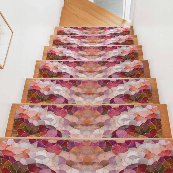Abstract Mosaic Stair Treads Non Slip for Steps Vintage Boho Pink Orange Stained Glass Texture 4 Pcs Reusable Adhesive Stair Runner Mats for Dogs Elders Carpet Treads Rugs for Staircase 8x30 In