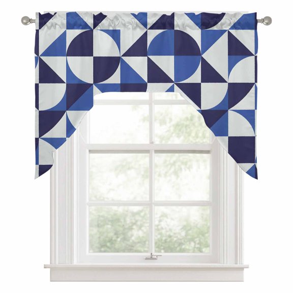 Abstract Mosaic Swag Valance for Windows, Graphic Blue White Quarter Circles Triangle Grid Swag Curtains Valances for Small Window Treatment Rod Pocket for Kitchen Bathroom 1 Panel 56x36in