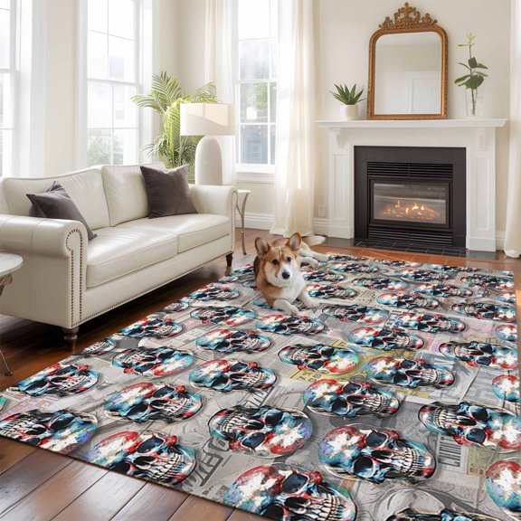 Abstract Mottle 5x8 Rug for Bedroom Under Queen Bed Placement, Pentagram Perforated Head Washable Non Slip Large Rectangle Area Rug