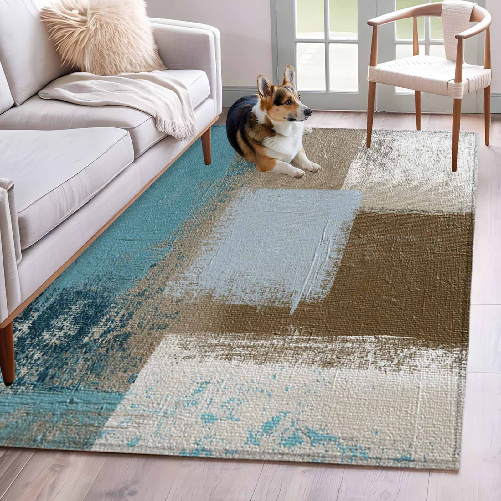 Muttled Rug Abstract Mottled Area Rugs 3x5 ft Teal Brown Vintage Oil Painting ...
