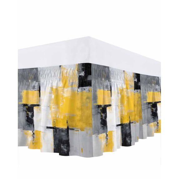 Abstract Mottled Bed Skirt King Size 16" Drop Retro Yellow Gary Stitching Ruffled Wrap Around Bed Skirts Adjustable Elastic Bedskirt Dust Ruffle for King Size Bed