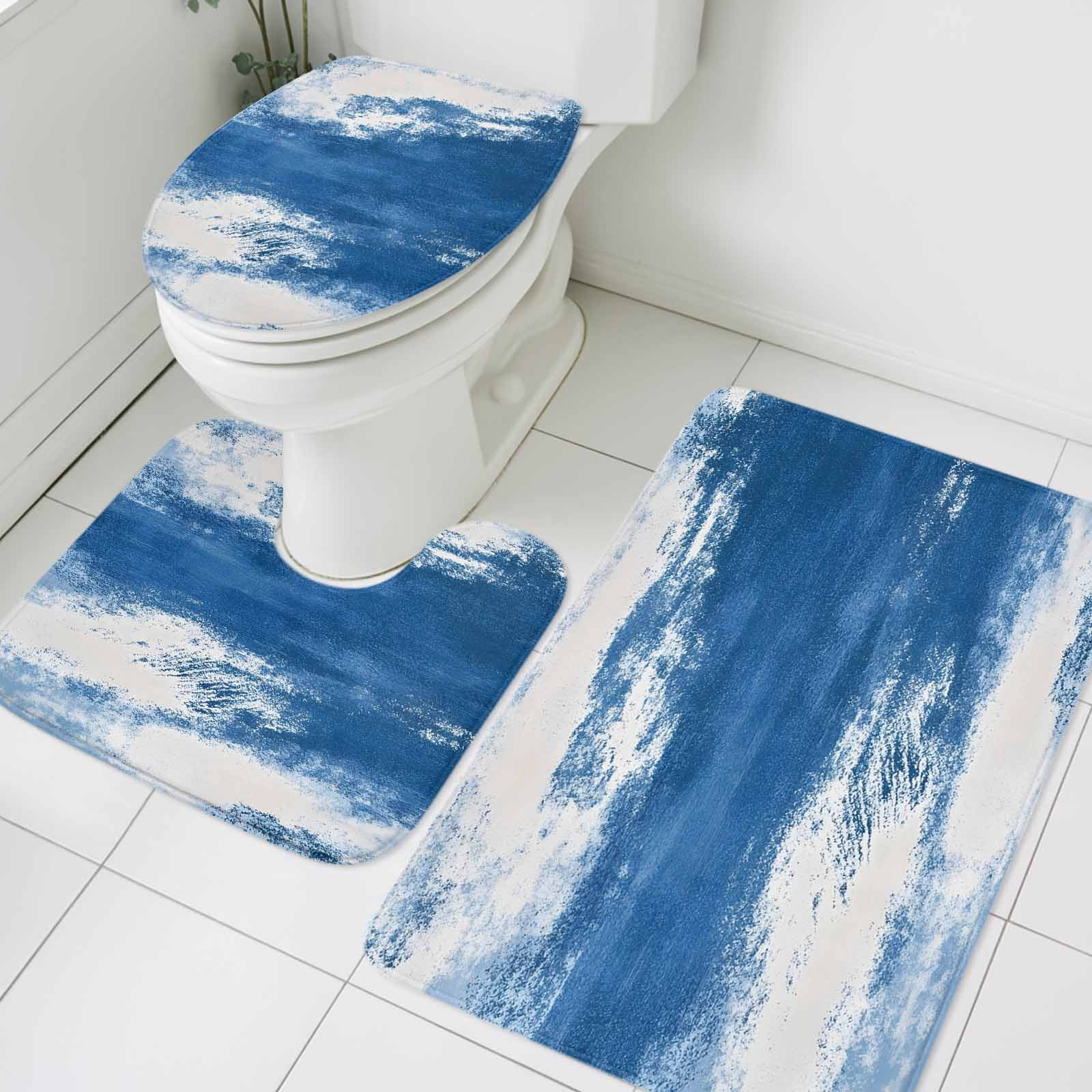 Abstract Mottled Design Bathroom Rugs Set Retro Blue White Gradient Non ...