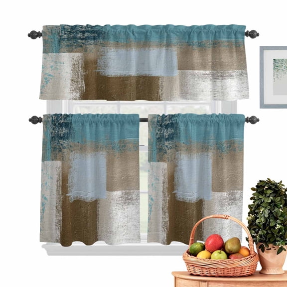 Abstract Mottled Kitchen Curtains Valances 3 Piece Set, Teal Brown Vintage Oil Painting Texture Rod Pocket Tier Curtain and Valance Drapes for Small Window 24 Inch Length for Bedroom Cafe