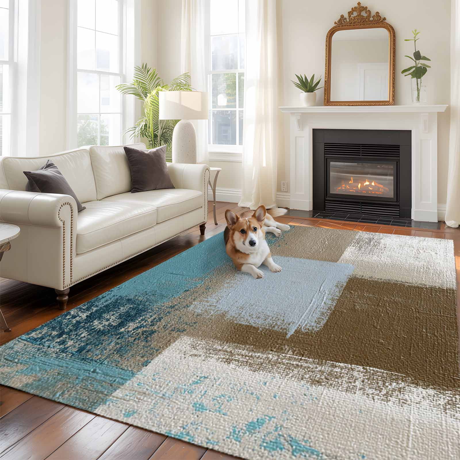Muttled Rug Abstract Mottled Large Area Rugs 5x8 ft Teal Brown Vintage Oil Painting ...