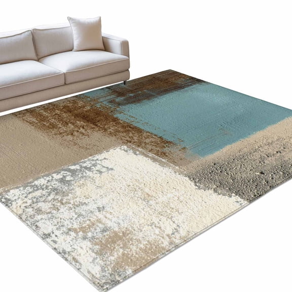 Abstract Mottled Large Area Rugs 6x9ft Brown Teal Vintage Oil Painting Texture Washable Rug, Non Slip Indoor Carpet Absorbent Floor Mat for Living Room Bedroom Dining Room