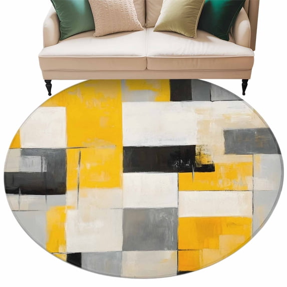 Abstract Mottled Round Area Rug 7ft Vintage Gary Yellow Stitching Non-Slip Washable Circle Rugs Soft Felt Indoor Floor Mat for Bedroom Kitchen Living Room Bathroom